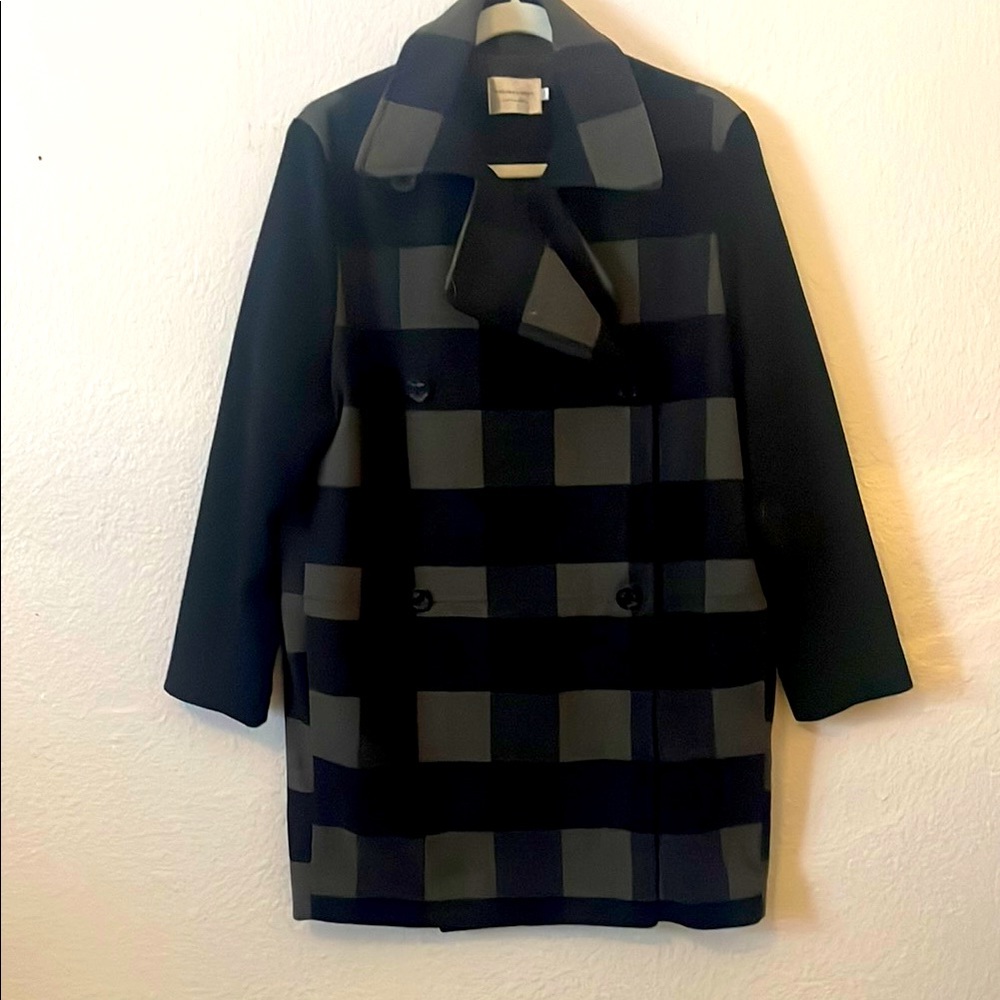 Shades of Grey Black and Grey Checkered Pea Coat with Notched Lapel. size Large
